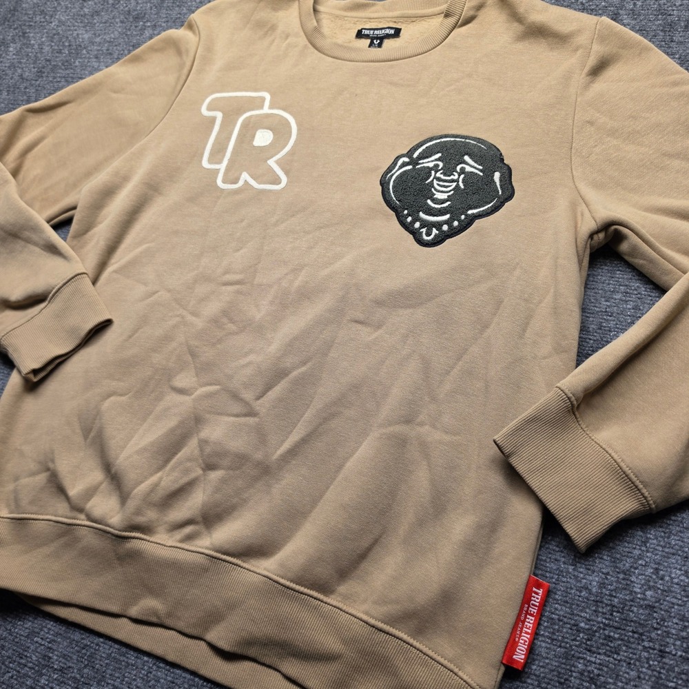 True Religion Mens Buddha Chenille Patch Crewneck Sweatshirt Tan Khaki Large